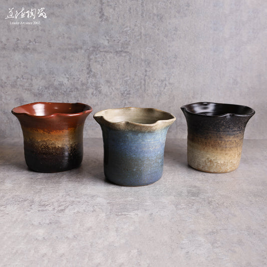 (三入組優惠) 鶯歌老街紀念甕 復古手拉坏彩陶 花盆栽植 波浪口直筒