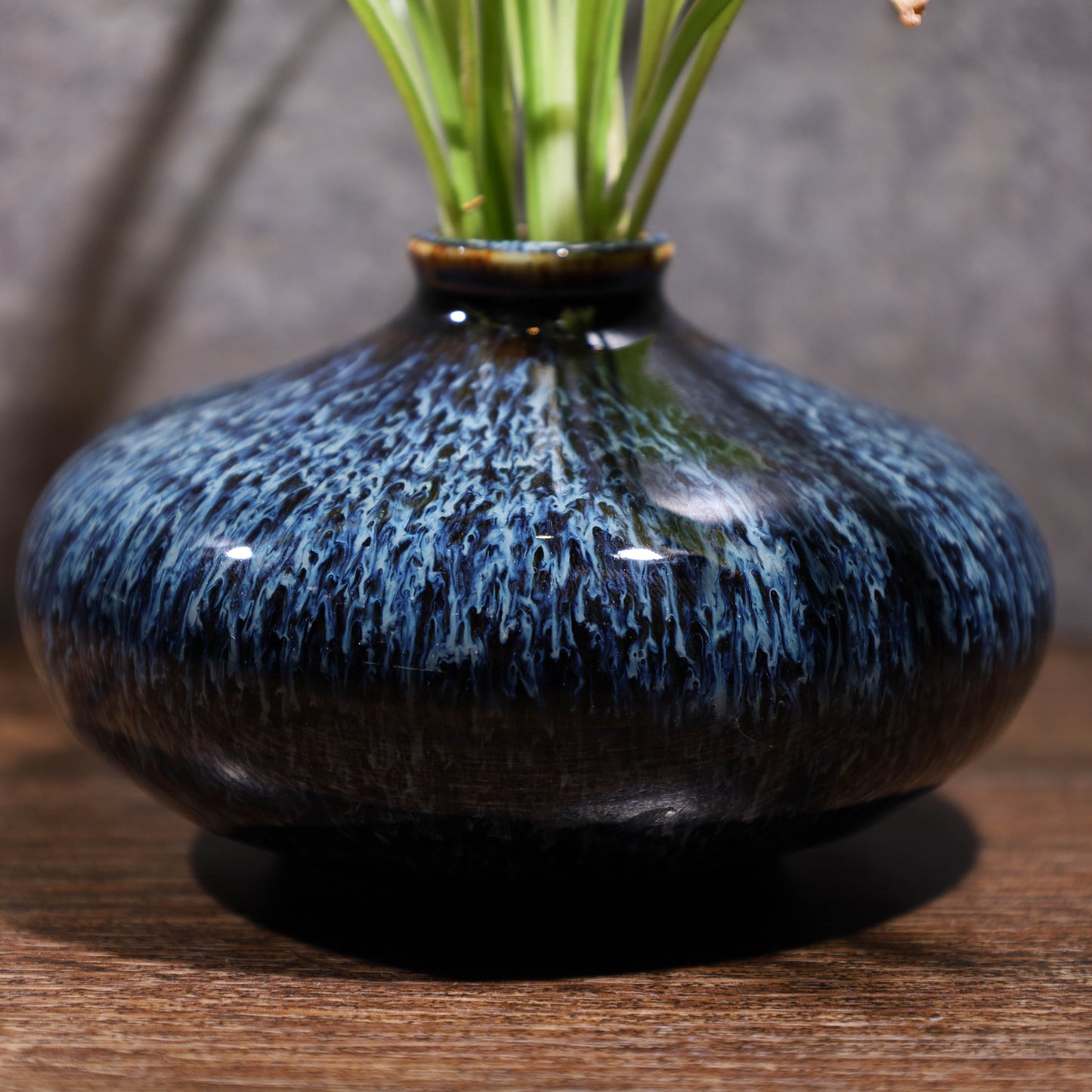 LEADER 窯變藍兔毫碟瓶 藍釉插花瓶 綠植水栽 居家室內擺件