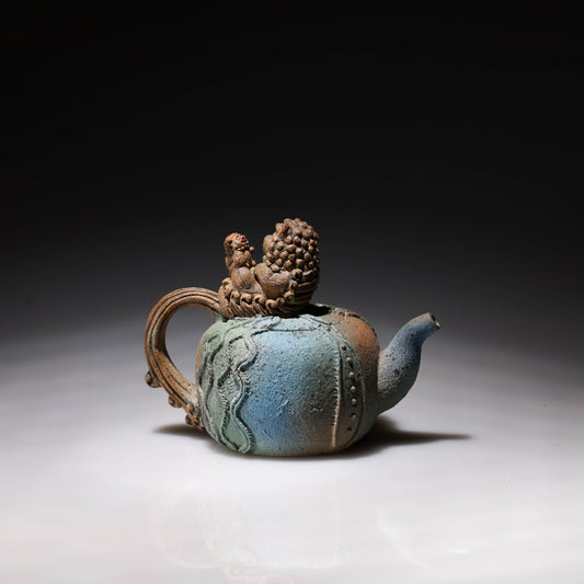 獅抱子 - 銅綠氧化燒 [訂製] 手捏壺雕刻陶藝鶯歌茶壺名家手作陶博館